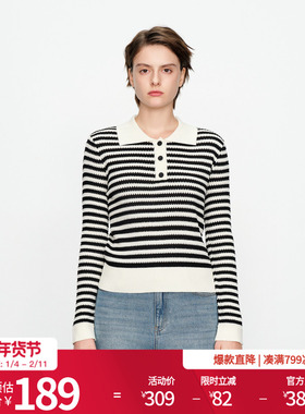 婉甸2025黑白条纹毛织套头衫Polo领针织衫1241W14DY2