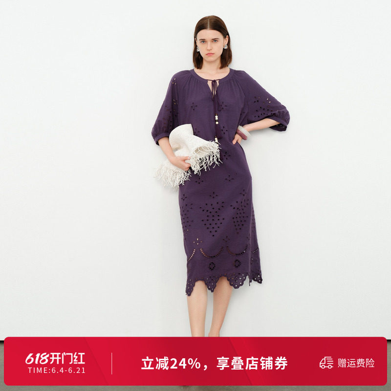 婉甸2026夏季新品琉璃紫/云白色水溶刺绣镂空连衣裙1252N34YD5