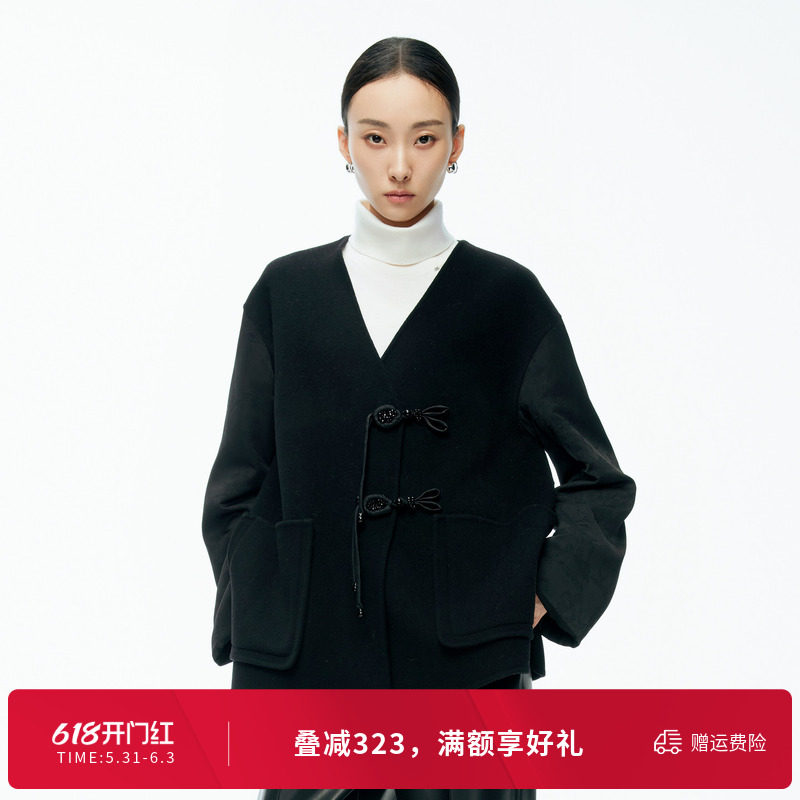 婉甸冬季黑色双面呢拼接外套羊毛毛呢新中式1244E07DM2