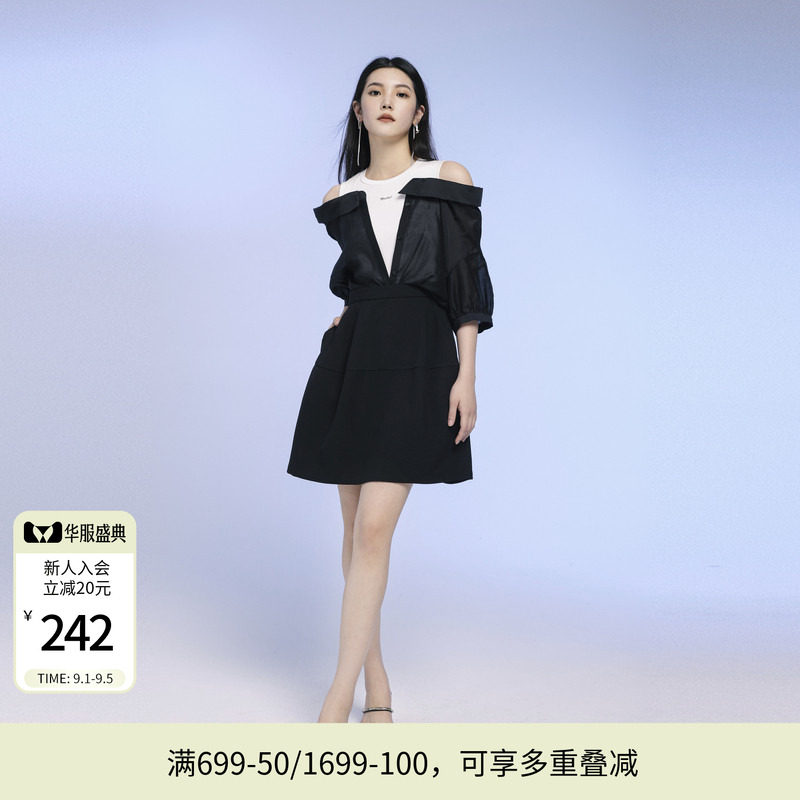 婉甸夏季黑色中袖连衣裙1242N06SX1YX图片