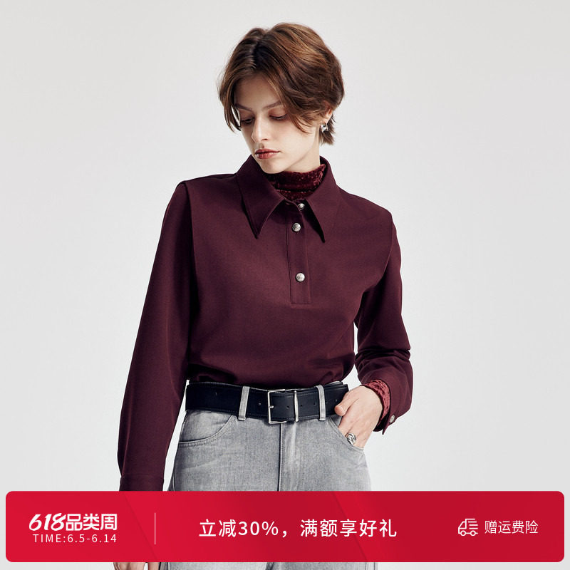 婉甸2026春绛红色套头上衣西装领女内搭衬衫休闲外套1251S02YJ1