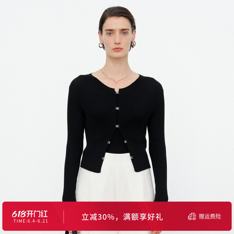 婉甸2026夏季新品黑色圆领毛织长袖针织修身开衫上衣女1252W07ST1