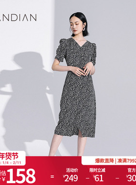 婉甸黑底气泡波点长裙夏季新品不规则V领连衣裙1232N32RJ3