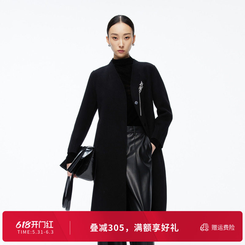 婉甸冬季黑色双面呢轻奢毛呢外套大衣女1244C03DM2