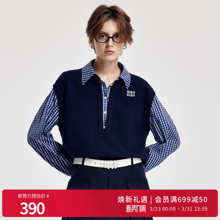 假两件毛织套头衫 学院蓝拼接格子衫 1251W06SX2 新品 婉甸2026春季