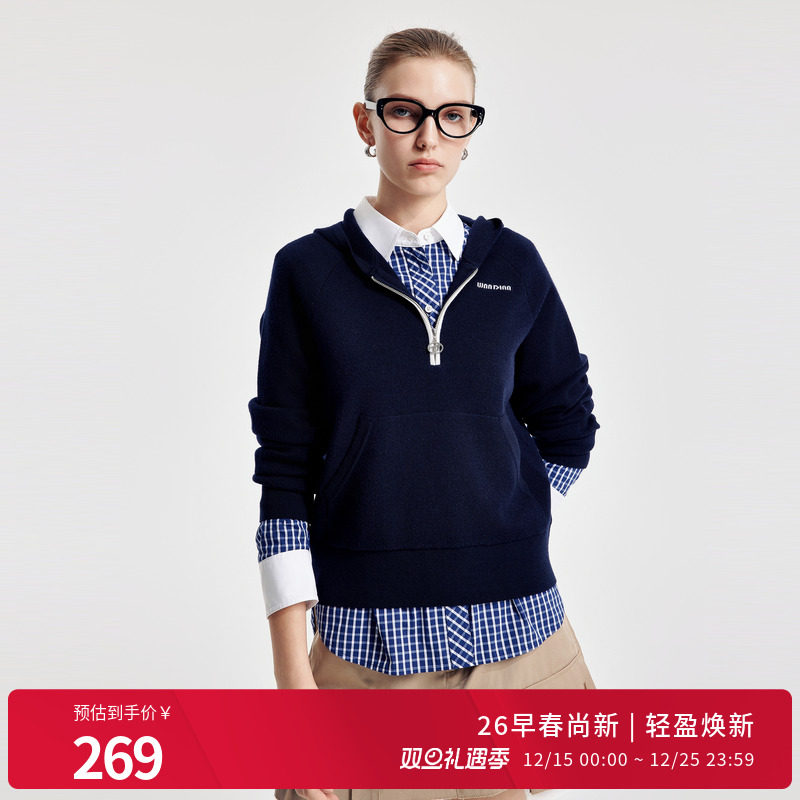 婉甸2026春季新品学院蓝连帽毛织套头衫H型长袖羊毛衫1251W07SX2