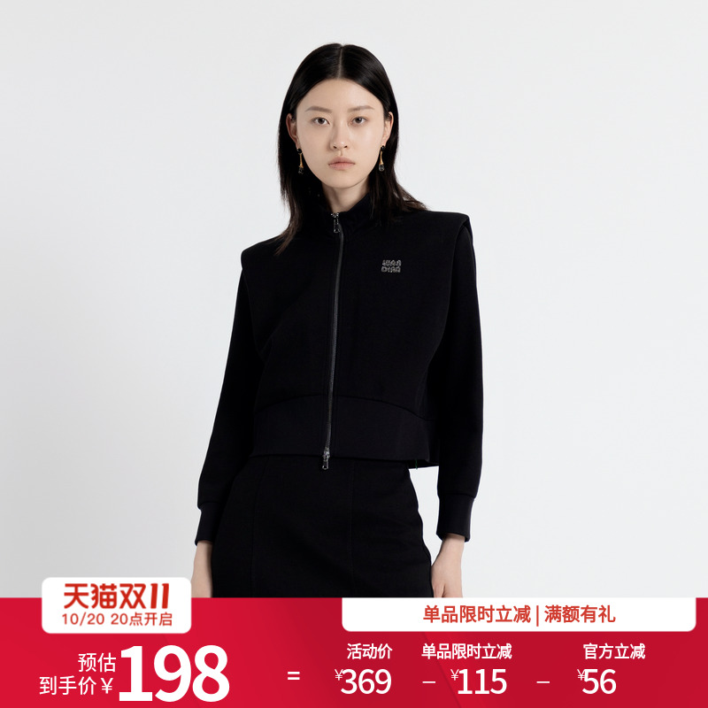 婉甸2025年秋季新品黑色拉链运动风长袖翻领式收腰外套1243O04GL2