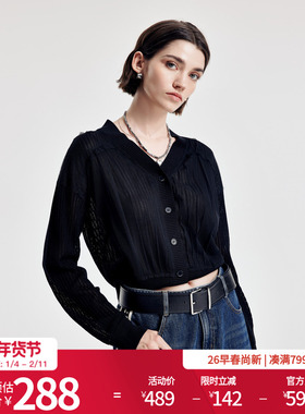 婉甸2026春季新品黑色镂空拼接毛织开衫H型长袖针织衫1251W14GX3