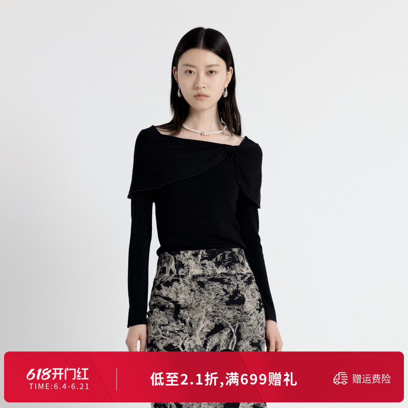 婉甸秋季设计感斜肩上衣珍珠边毛织套头衫1243W11RJ3