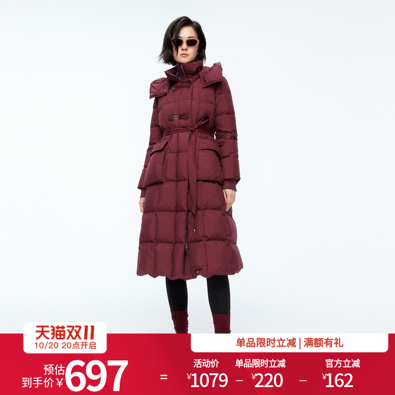 婉甸2025年冬季新品安可拉红女中长款收腰腰带羽绒服1244D18GS3