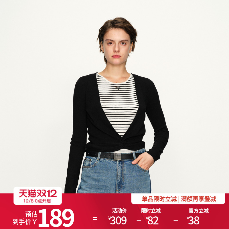 婉甸黑色假两件毛织套头衫