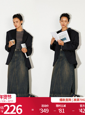 婉甸25新品复古怀旧蓝长裙摩登复古毛边开衩牛仔半裙MBD1K06JZXK0