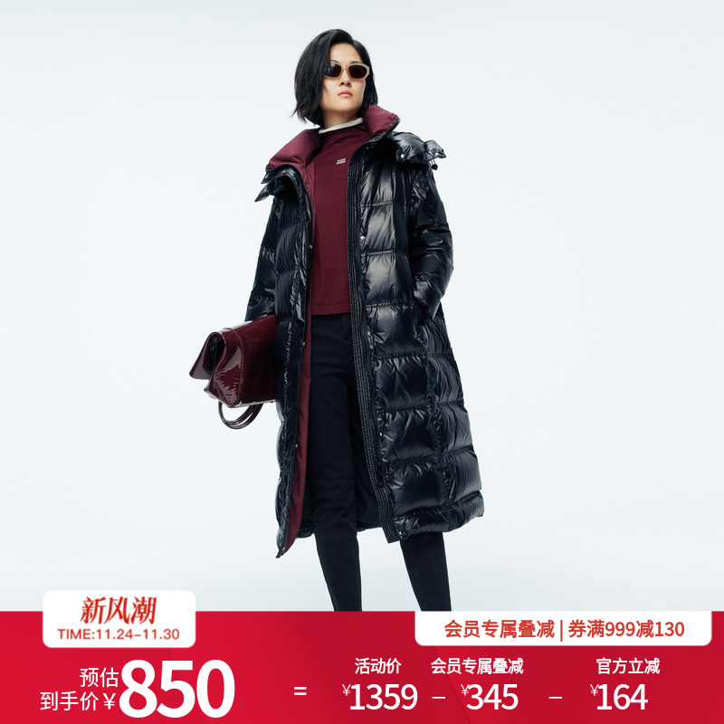 婉甸2025年冬季新品黑色长款连帽女保暖高充绒羽绒服1244D41SX5