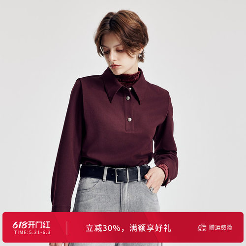 婉甸2026春绛红色套头上衣西装领女内搭衬衫休闲外套1251S02YJ1