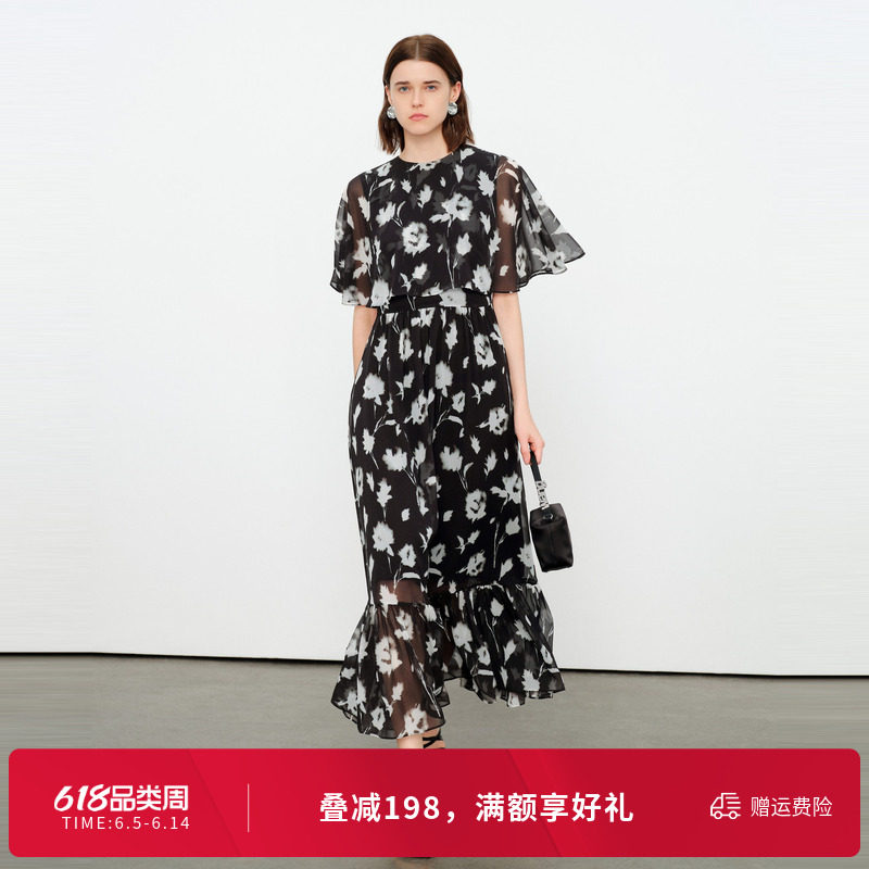 婉甸2026夏季新品黑白色印花收腰长裙A字裙优雅连衣裙1252N13YD3