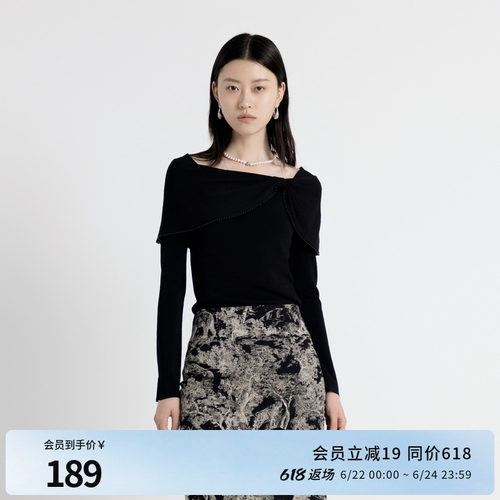 婉甸秋季设计感斜肩上衣珍珠边毛织套头衫1243W11RJ3