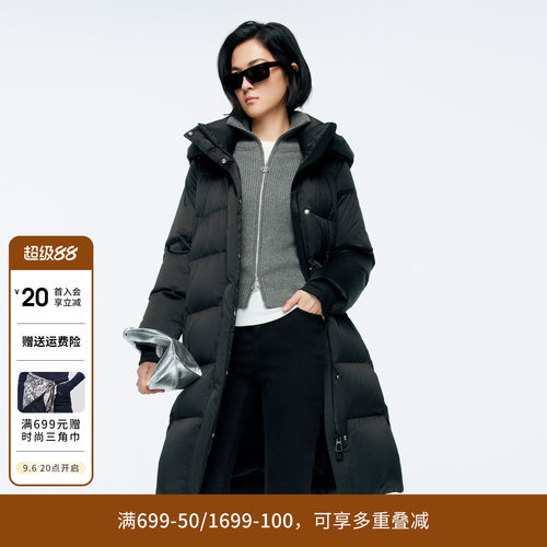 婉甸冬季黑色长款连帽百搭时尚羽绒服女1244D37SX5