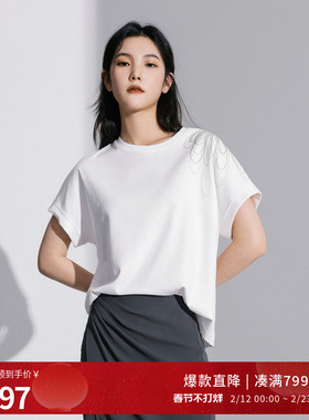 婉甸2025夏季新品云白色短袖T恤圆领绣花短袖1242T22RS4YX