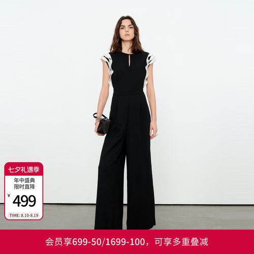 婉甸2026夏季新品拼接连身高腰荷叶边阔腿裤连体衣长裤1252J01JD3