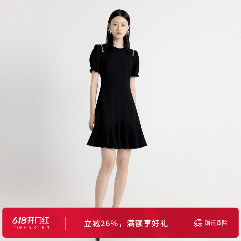 婉甸秋季耀石黑短袖连喇叭花灰色A字连衣裙1243N03DY2