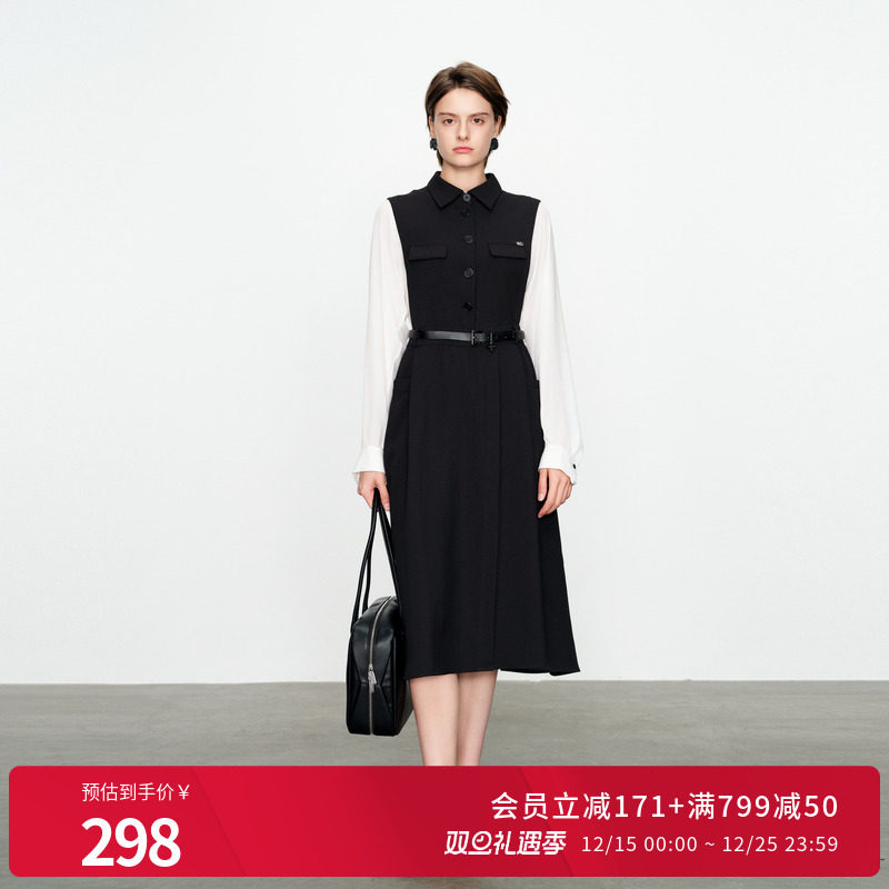 婉甸2025黑白拼接连衣裙高腰线通勤风1241N18XS4YX