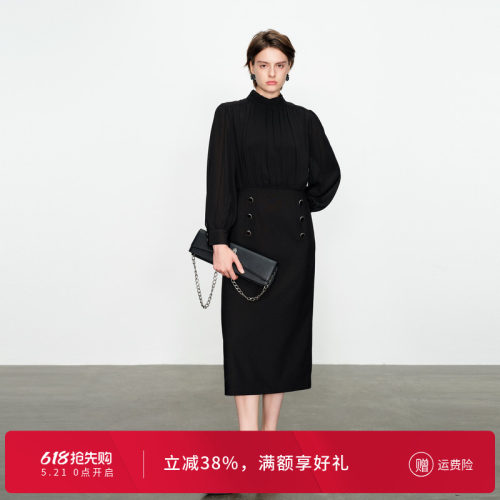 婉甸黑色长袖连衣裙假两件
