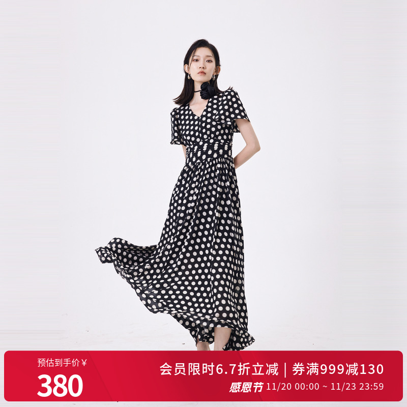 黑白大波点短袖连衣裙