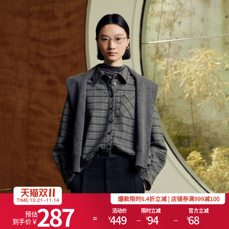 婉甸2025年冬季新品深岩石灰格纹烫钻重工宽松衬衫1244S04GS1