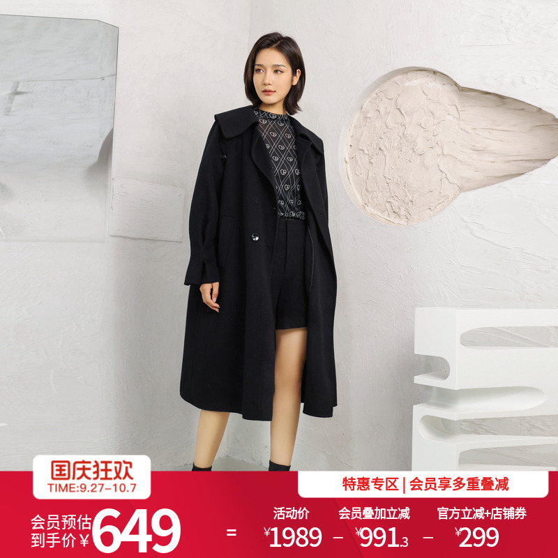 婉甸黑色双面呢中长款大衣