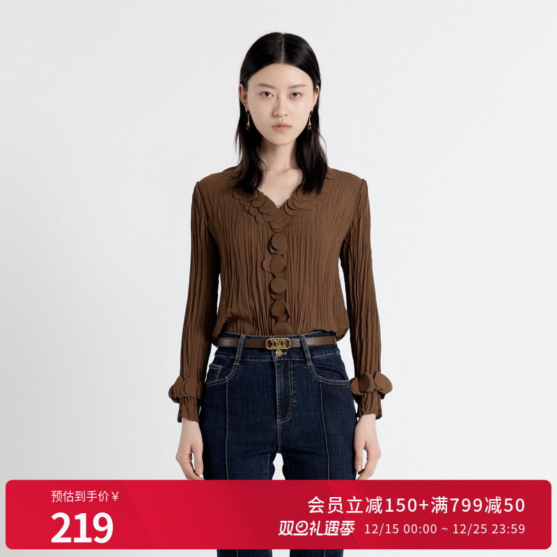 坚果棕色花瓣套头上衣