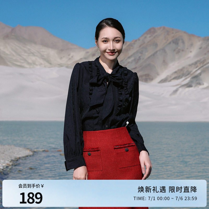 婉甸黑色长袖衬衫瑞丽风H型系带蝴蝶结1241S03XJ1