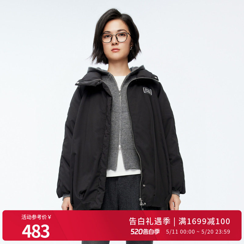 婉甸冬季黑色中长款连帽女外套羽绒服1244D38GS3