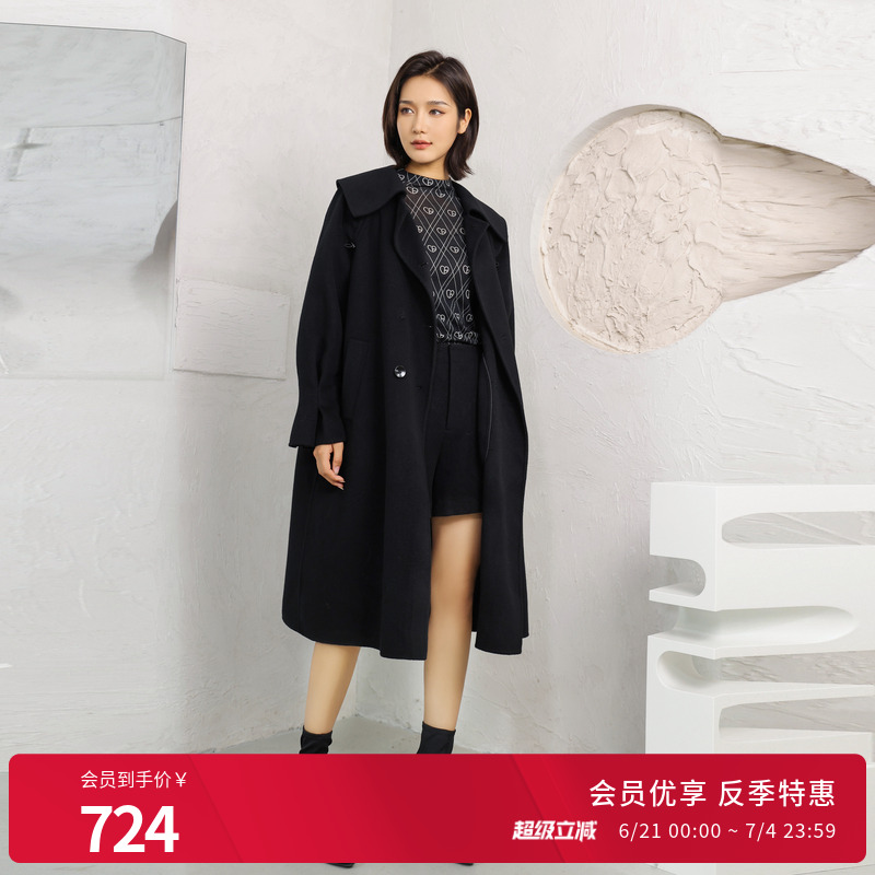 婉甸黑色双面呢中长款大衣