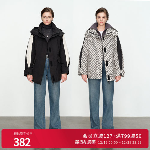 婉甸黑色雪山中长款连帽羽绒服