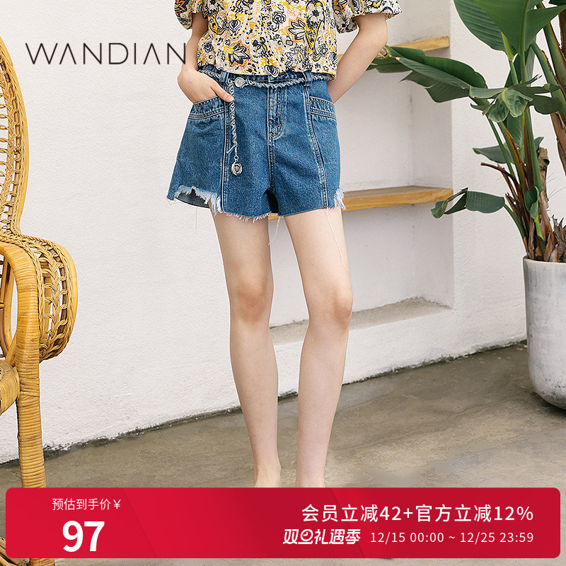 婉甸深水蓝牛仔短裤夏季新品复古毛边脚口流苏1232X05DJ6