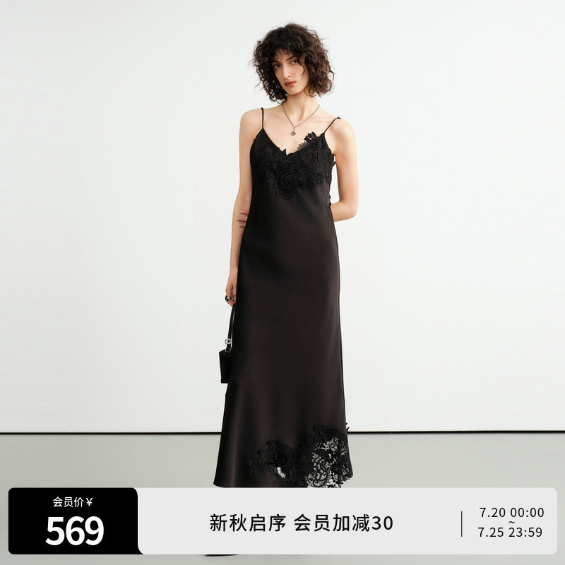 婉甸2026秋季新品黑色蕾丝拼接吊带裙无袖连衣裙长裙1253N03DS2