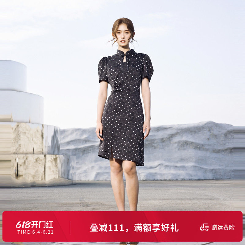 婉甸夏季黑白小波点旗袍式连衣裙1242N28RS3