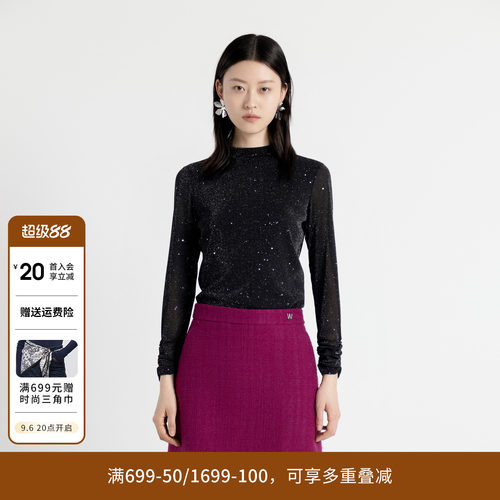 婉甸25年秋新品黑色闪钻网纱时尚百搭打底衫套头衫针织1243I01DY2