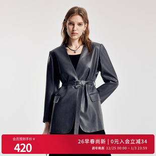 西装 大象灰V领中长款 H型系腰带皮外套1251Q03GX2 新品 婉甸2026春季