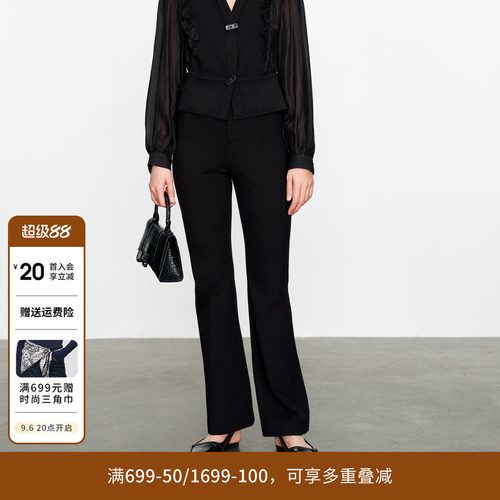 婉甸黑色长裤后开衩显高休闲裤