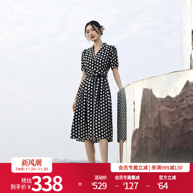 黑白大波点短袖连衣裙