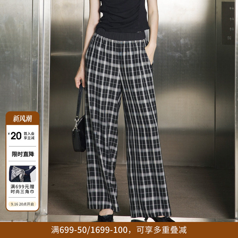 婉甸夏季黑色格形阔腿裤长款休闲裤1242P03SX1										
