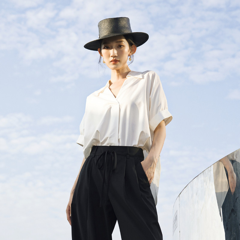 【超能小太阳】婉甸夏季经典白宽松领莱赛尔套头风格短袖衬衫