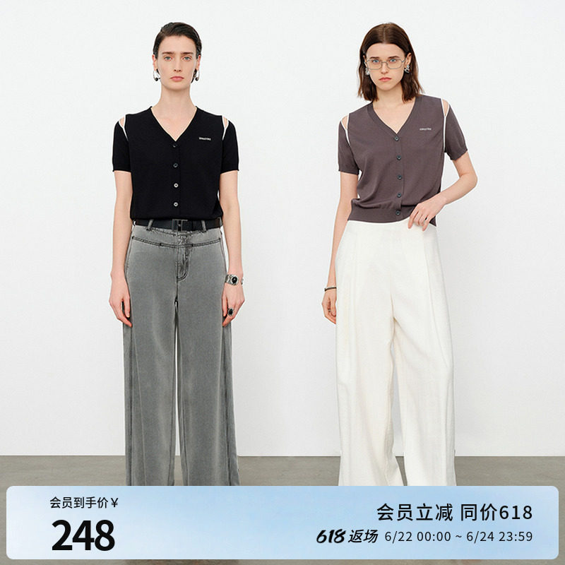 婉甸2026夏季新品黑色露肩撞色毛织针织短袖女假开衫1252W04RSA