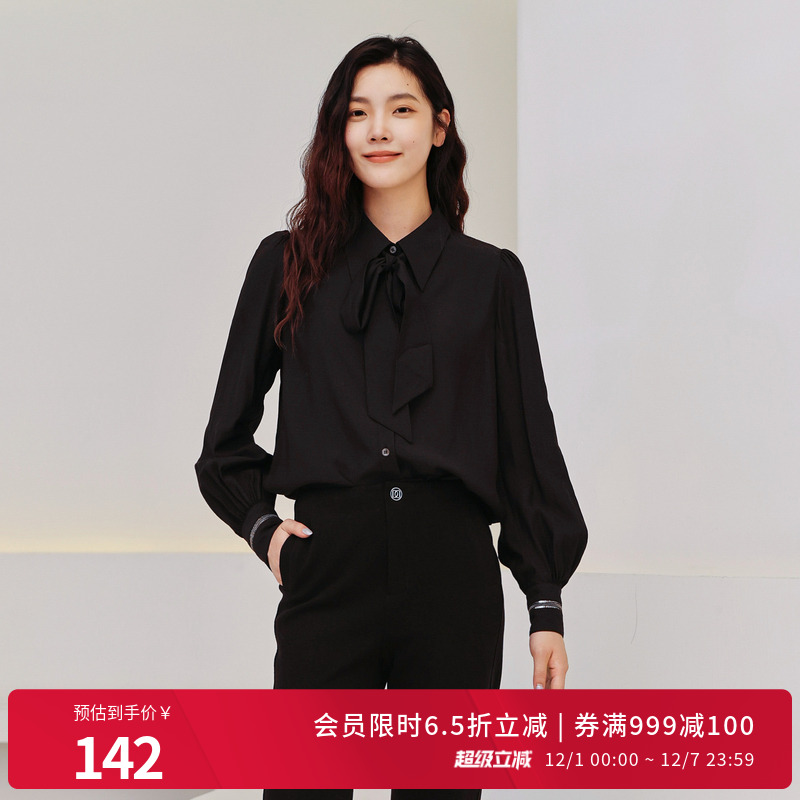 婉甸黑色飘带冬季新品H型蝴蝶结长袖衬衫1234S01RX1