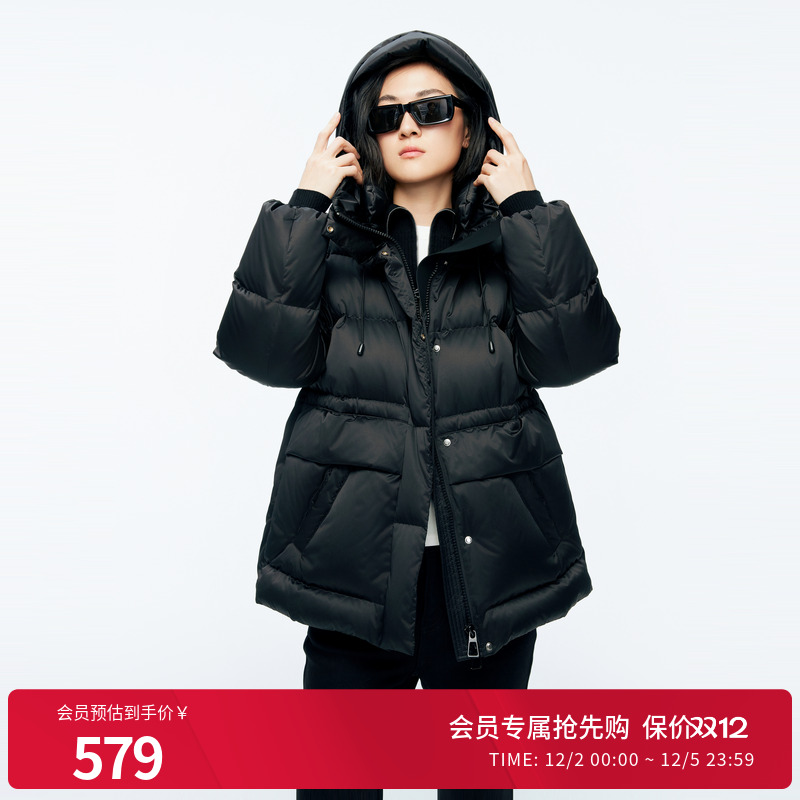 婉甸2025年冬季新品黑色中长款女保暖带帽立领羽绒服1244D36SX5