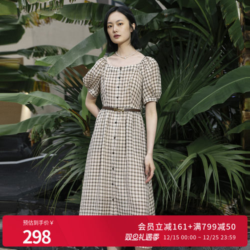 婉甸2025夏季新品米咖格纹短袖连衣裙1242N25RS2YX