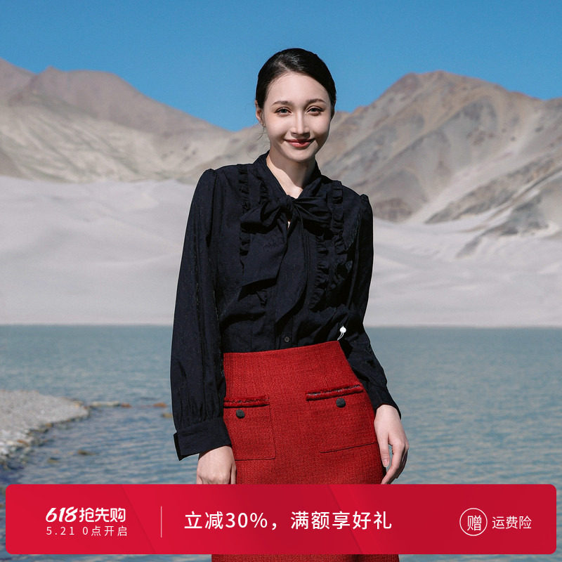 婉甸黑色长袖衬衫瑞丽风H型系带蝴蝶结1241S03XJ1