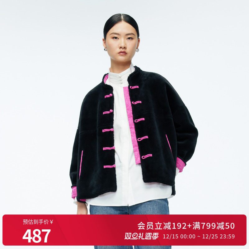 婉甸2025年冬季新品黑色拼接双面可穿新中式毛呢外套女1244O08DM5