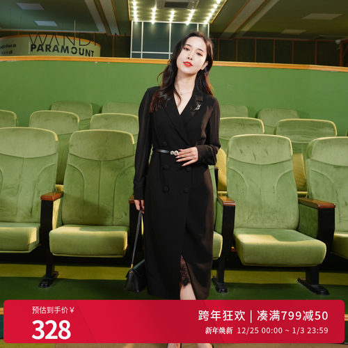 婉甸黑色拼接款西装裙收腰连衣裙